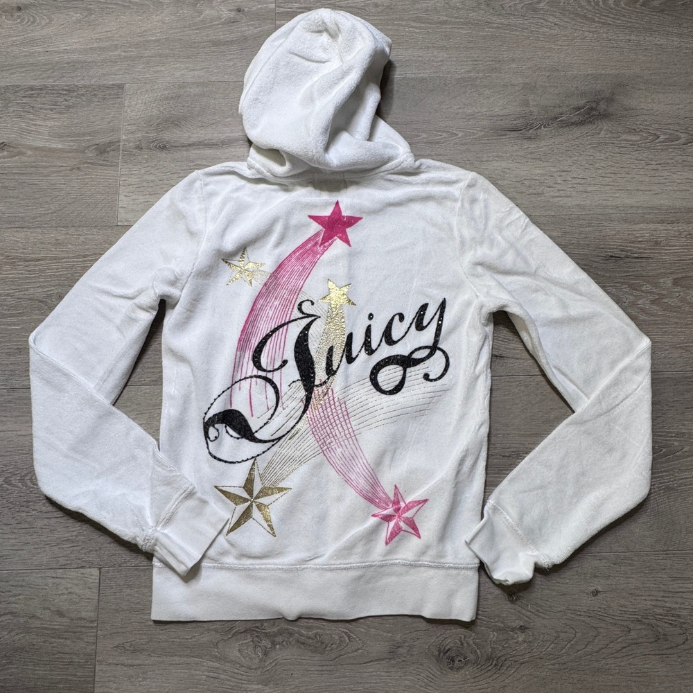 Juicy Couture White Terry Knit Zip Up Hoodie Shooting Star Rhinestone Y2K Medium